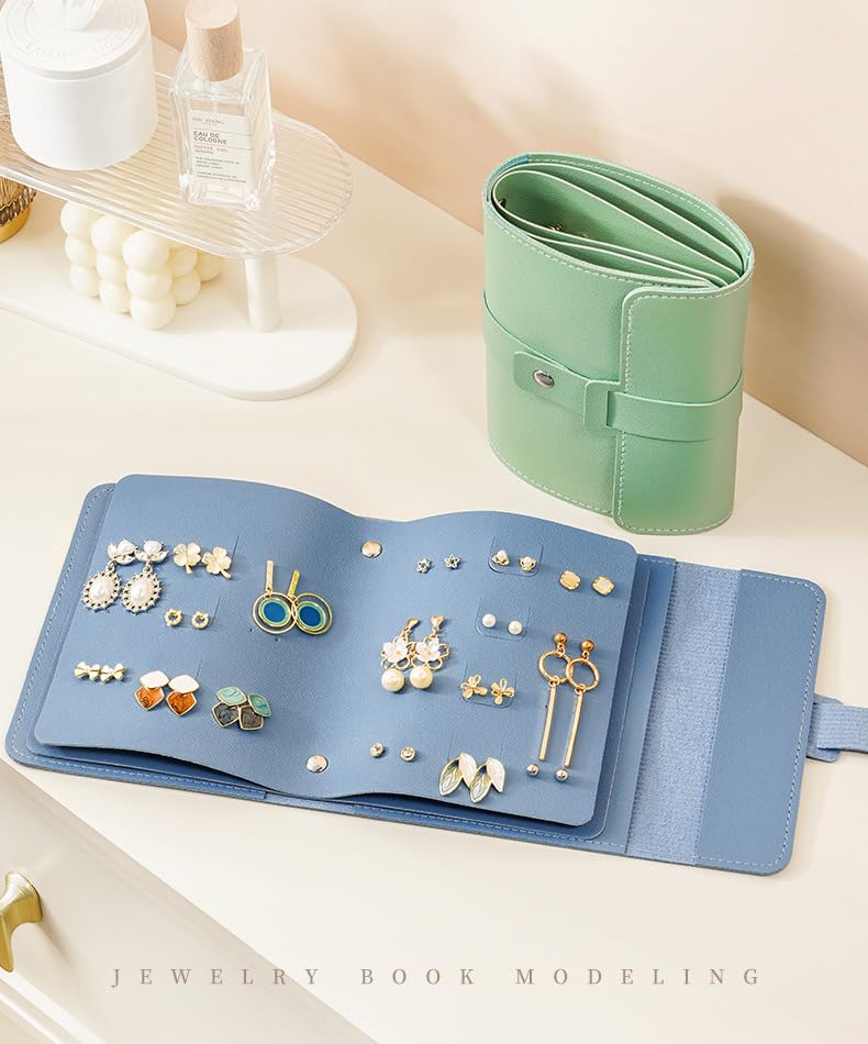 Yiluana Jewelry Organizer, Portable Earring Holder Pu Leather Travel Jewelry Organizer Case with Foldable Book Design for Girls Women (Blue) - Image 4